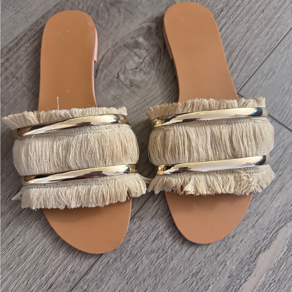 Fringe Slide Sandals in Cream with Gold Accents